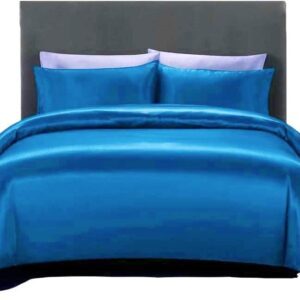 Dhruvi Bedding Ultra Soft Silk Satin Queen Size Turquoise Blue 4 Piece Duvet Cover Set (Duvet Cover + Fitted Sheet 15'' + 2 Pillow Cases) Luxury Satin Zipper Closure Soft Comforter Protector