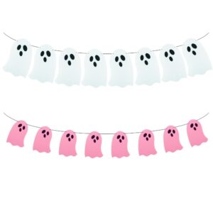 saktopdeco 2 pack white pink ghost garland felt ghost banner for haunted house fireplace indoor outdoor halloween party decorations supplies