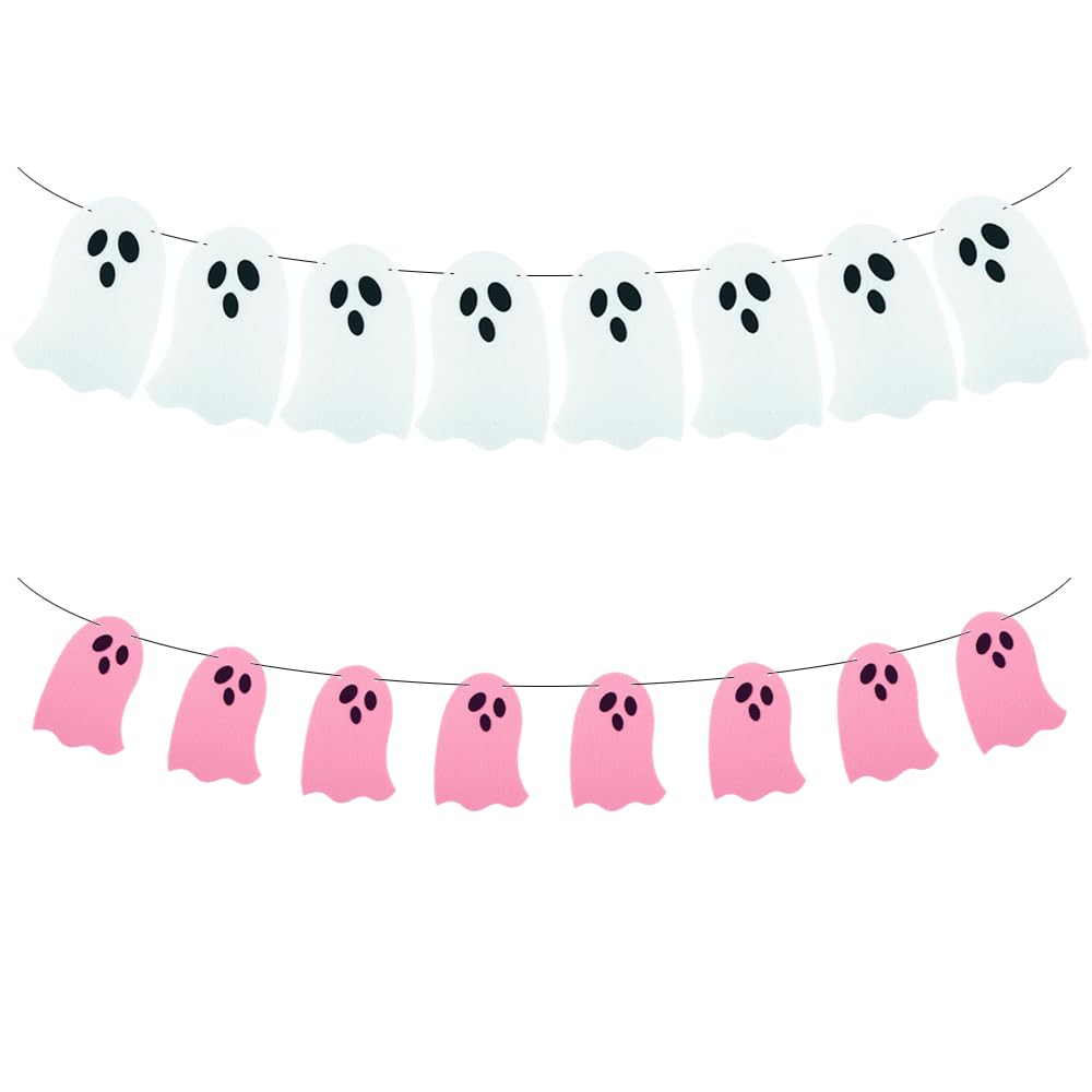 SaktopDeco 2 Pack White Pink Ghost Garland Felt Ghost Banner for Haunted House Fireplace Indoor Outdoor Halloween Party Decorations Supplies