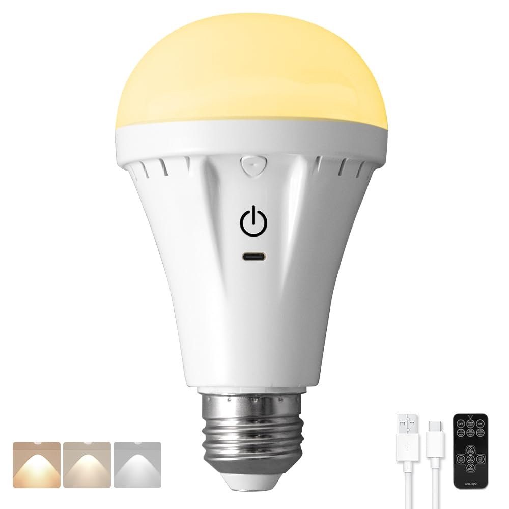 BLUEYE A21 Rechargeable Emergency Light Bulbs,E26 7W 120V,Remote Control&Wall Switch,5V/1A Charging,2700K-6000K,Flicker-Free,Battery Operated Flashlight for Power Outage No Outlet,1Pack