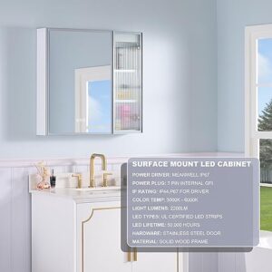 WELLFOR 30 X 28 Inch LED Lighted Bathroom Medicine Cabinet with Mirror, Bathroom Vanity Mirror Cabinet with Dimmable Lights and Defogger, 3 Solid Wood Shelves, Ample Storage Space, Quiet Closing Door