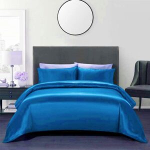 Dhruvi Bedding Ultra Soft Silk Satin Queen Size Turquoise Blue 4 Piece Duvet Cover Set (Duvet Cover + Fitted Sheet 15'' + 2 Pillow Cases) Luxury Satin Zipper Closure Soft Comforter Protector