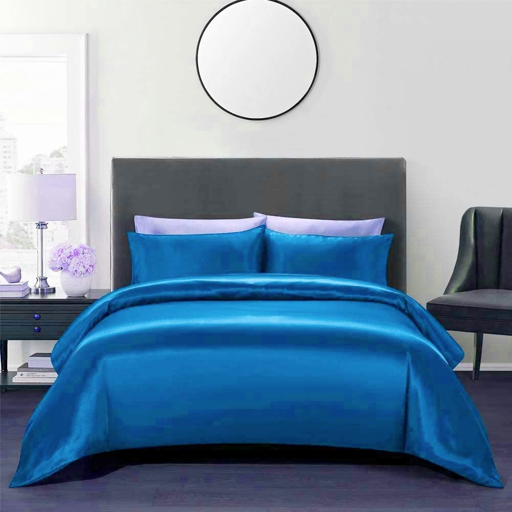 Dhruvi Bedding Ultra Soft Silk Satin Queen Size Turquoise Blue 4 Piece Duvet Cover Set (Duvet Cover + Fitted Sheet 15'' + 2 Pillow Cases) Luxury Satin Zipper Closure Soft Comforter Protector