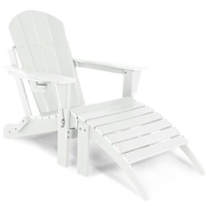 abcpatio folding adirondack chair with footrest - outdoor weather resistant plastic adirondack chairs with detachable ottoman, stackable seating with cup holder for patio (seat width 21.6",white)