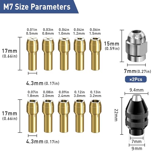 4486 Multi Chuck Set 15Pcs,Brass Collet Set,Collet Nut Kit,0.8-3.2mm Replacement Keyless Quick Change Chuck Rotary Tool Accessory Compatible with Dremel 3000 4000 7700 8200(M7x0.75mm Long)