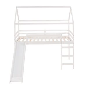 Harper & Bright Designs Twin Size Loft Bed with Slide, House Loft Bed with Slide, Solid Wood Bed Frame for Kids Girls & Boys, White