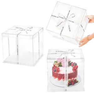 Cididu 6 Pcs Clear Cake Box with Ribbon 2-Layer 10x10x10 Inch, Transparent Cake Carrier Box with Lids, PET Tall Cake Packaging Boxes, Clear Gift Boxes for Birthday, Wedding and Festival Party