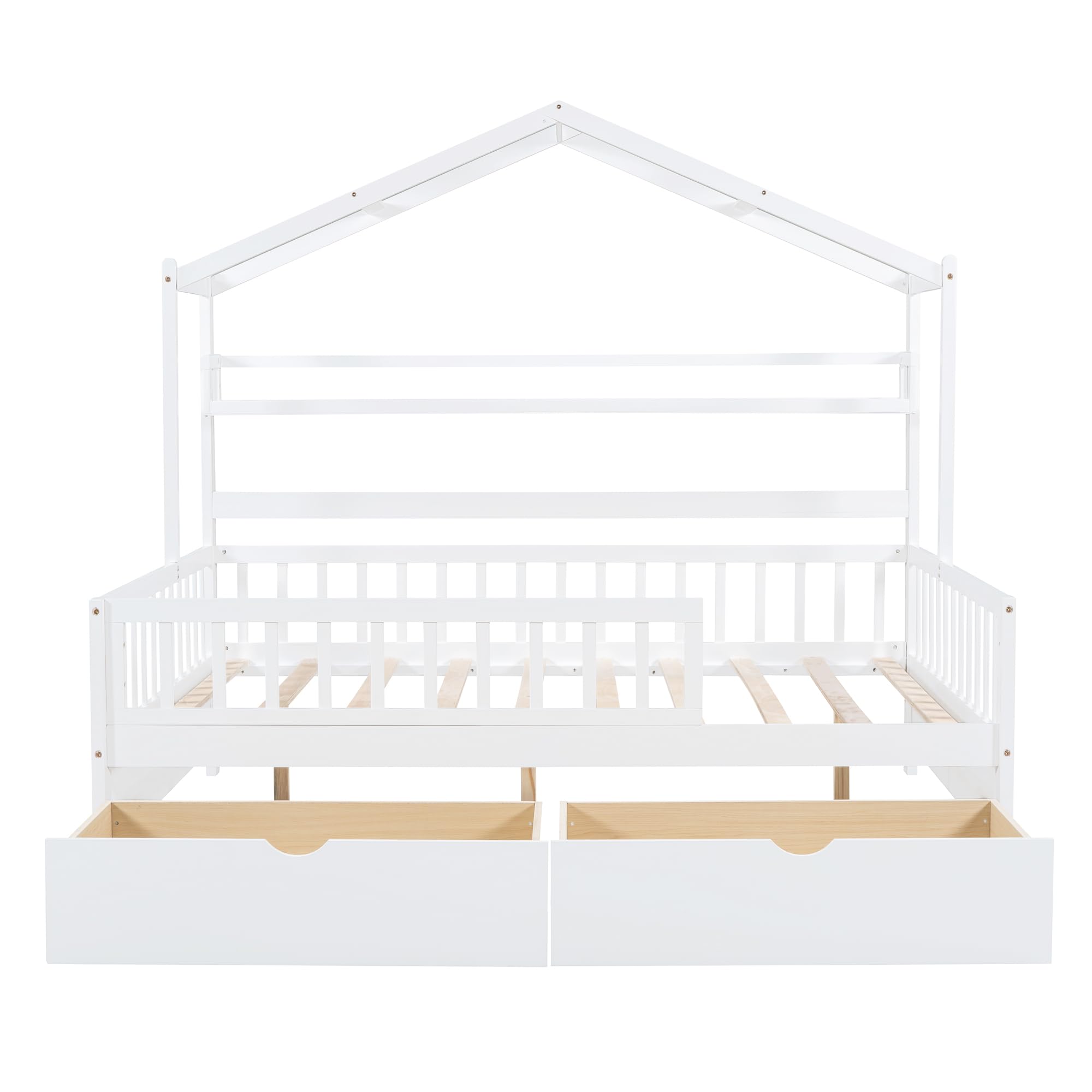 Merax Full Size House Bed with Drawers, Wooden Full Size Platform Bed Frame with Storage Shelf, No Box Spring Needed, White