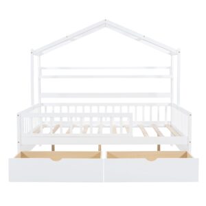 DEINPPA Full House Bed with Drawers, Kids Bed with Shelf and Fence Guardrails, Wood Bed Frame with Decorative Roof Designs, No Box Spring Needed, for Boys Girls Toddler Kids-White