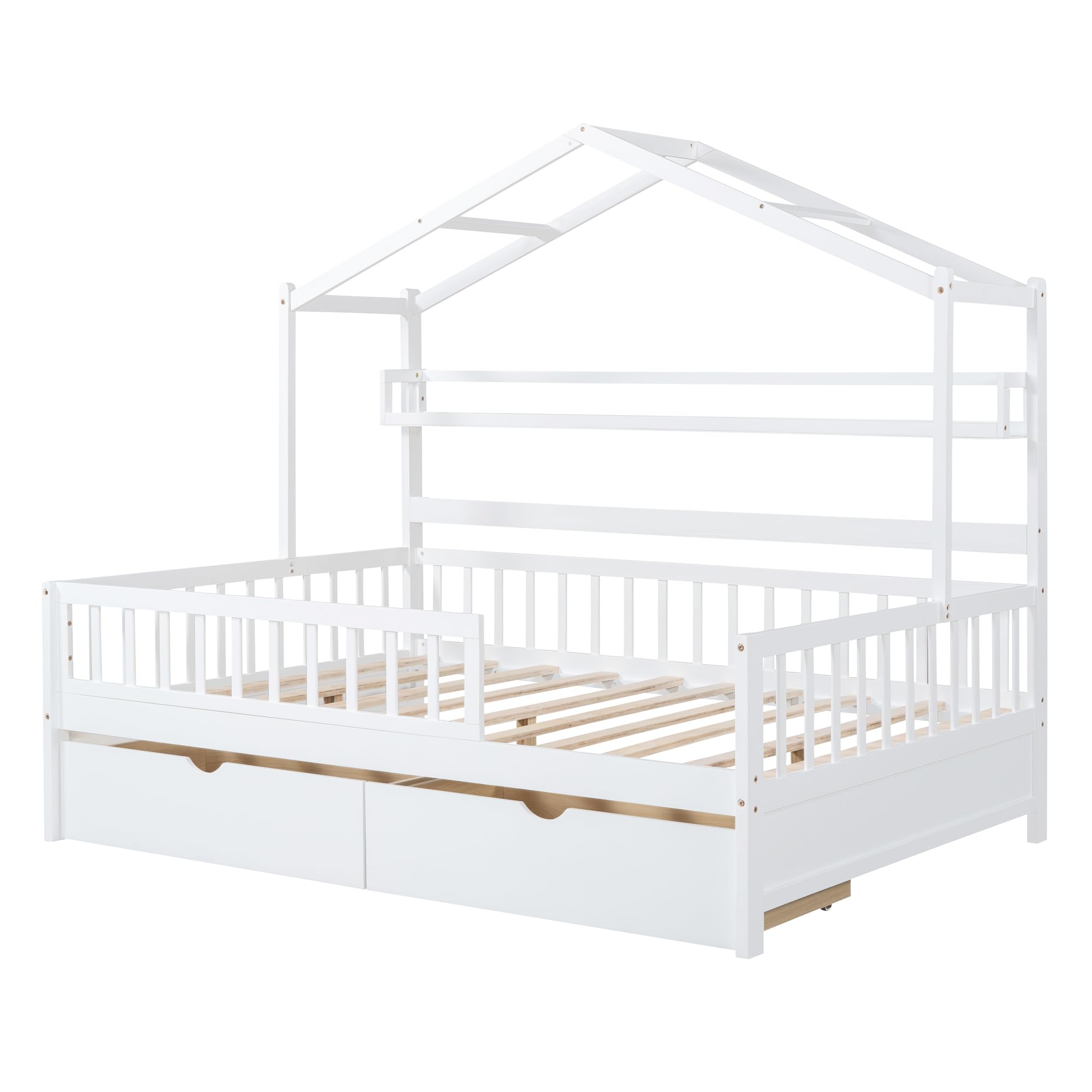 Merax Full Size House Bed with Drawers, Wooden Full Size Platform Bed Frame with Storage Shelf, No Box Spring Needed, White