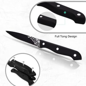 EUIRIO 8-Pieces Steak Knives,Matte Black Steak Knives Set of 8,Stainless Steel Serrated Steak Knives,Full Tang Triple-Riveted Dinner Knives with Laser Pattern,Dishwasher Safe for Kitchen Restaurant