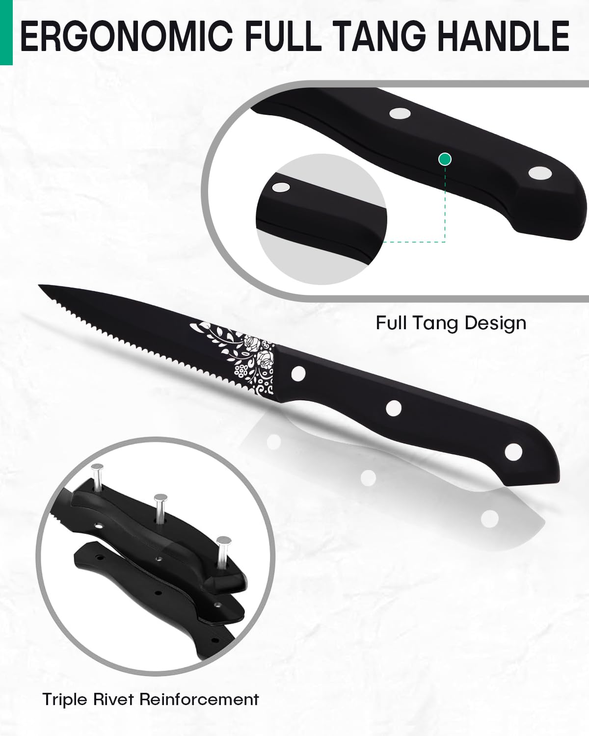 EUIRIO 8-Pieces Steak Knives,Matte Black Steak Knives Set of 8,Stainless Steel Serrated Steak Knives,Full Tang Triple-Riveted Dinner Knives with Laser Pattern,Dishwasher Safe for Kitchen Restaurant