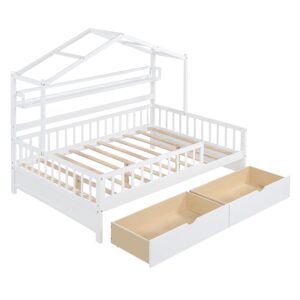 Merax Full Size House Bed with Drawers, Wooden Full Size Platform Bed Frame with Storage Shelf, No Box Spring Needed, White