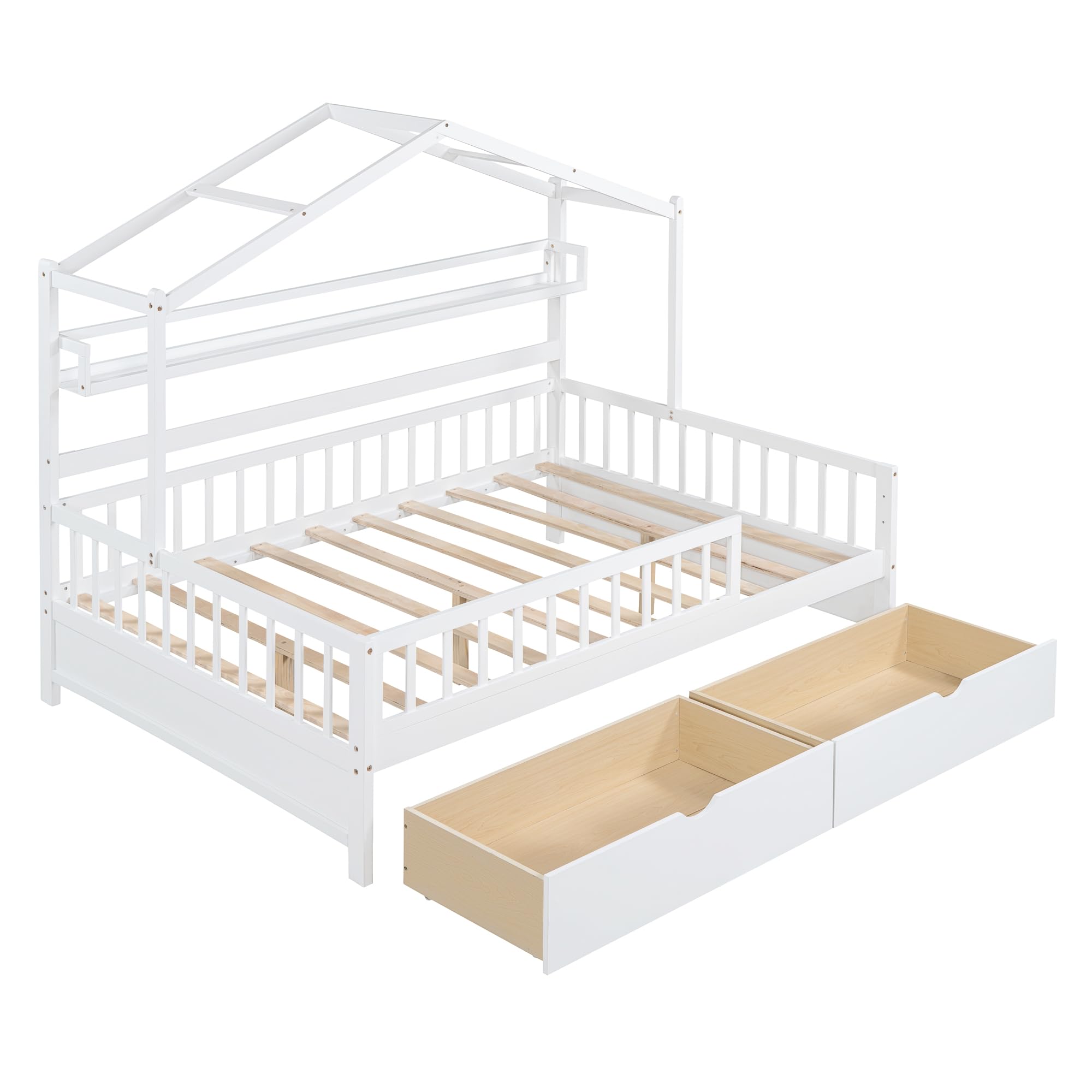 Merax Full Size House Bed with Drawers, Wooden Full Size Platform Bed Frame with Storage Shelf, No Box Spring Needed, White