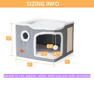 Heerduos Cat Bed for Indoor Cats,Covered Cat Cave House & Furniture with Scratch Pad,Foldable Cat Hideaway Hut Cute Cat Condo with Soft Washable Mat for Multi Small Pet Under 30 lbs,Light Grey