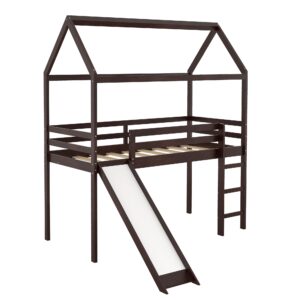 Harper & Bright Designs Twin Size Loft Bed with Slide, House Loft Bed with Slide, Solid Wood Bed Frame for Kids Girls & Boys, Espresso