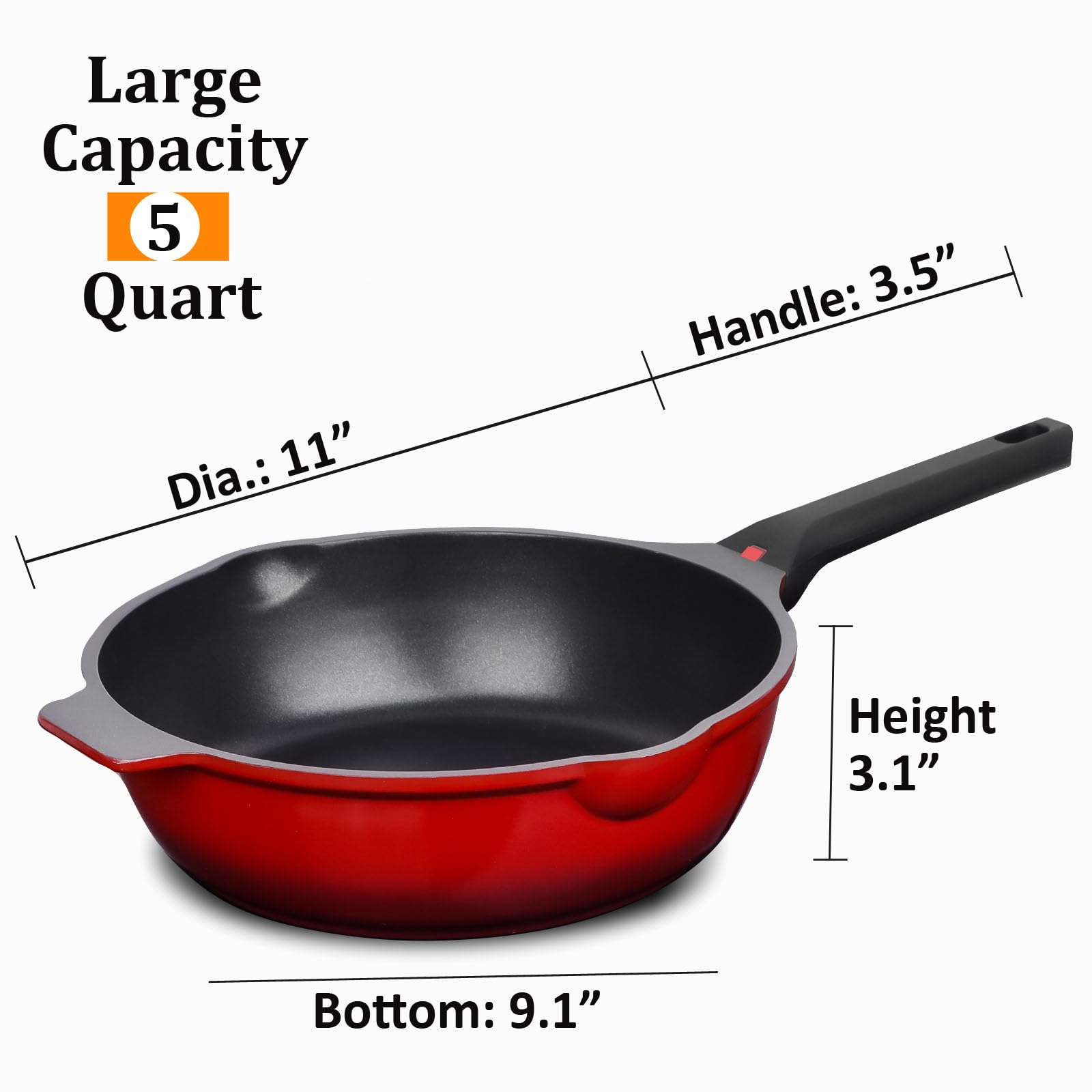 NonStick Deep Frying Pan with Lid, 11 IN 5 Quart Saute Pan for Cooking, 100% PFOA Free Food Grade Aluminum Chef Pan for Kitchen, Gas, Stove Top, Induction Deep Pan Easy to Clean, Large Skillet