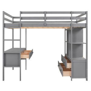 Full Size Loft Bed with Desk and Storage Drawers, Wood Loft Beds Frame with Bookcase and Shelves for Dorm Bedroom, High Loft Bed for Kids Adults Boys Girls Teens, Gray