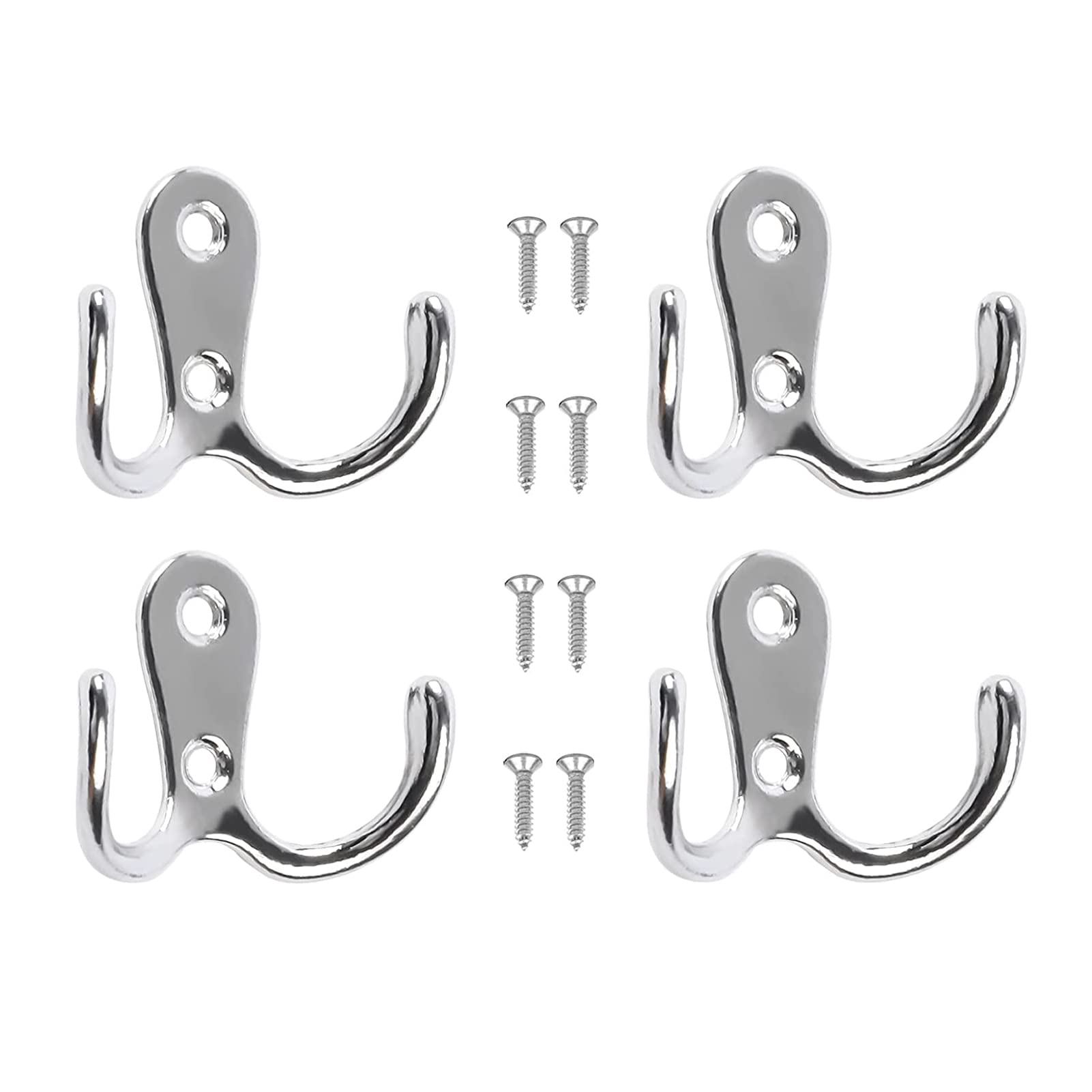 Lansonee 4 Pcs Double Prong Robe Hooks, Dual Coat Hooks Wall Mounted Hanging Clothes for Bathroom Bedroom Door Wall Retro Metal Cloth Hanger Double Coat Hooks with 8 Screws (Sliver)