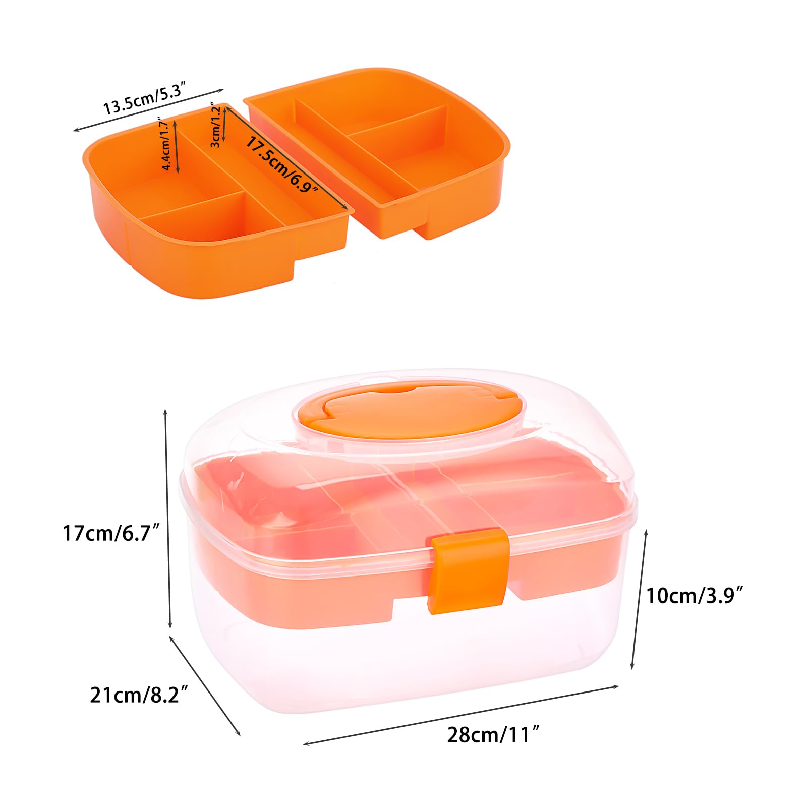 BTSKY 2 Tier Multipurpose Oval Storage Box with 2 Trays Clear Plastic Storage Container Case Craft Organizers and Storage Portable Sewing Box Office Supply Organizer, 11" Lx8.3 Wx6.7 H, Orange