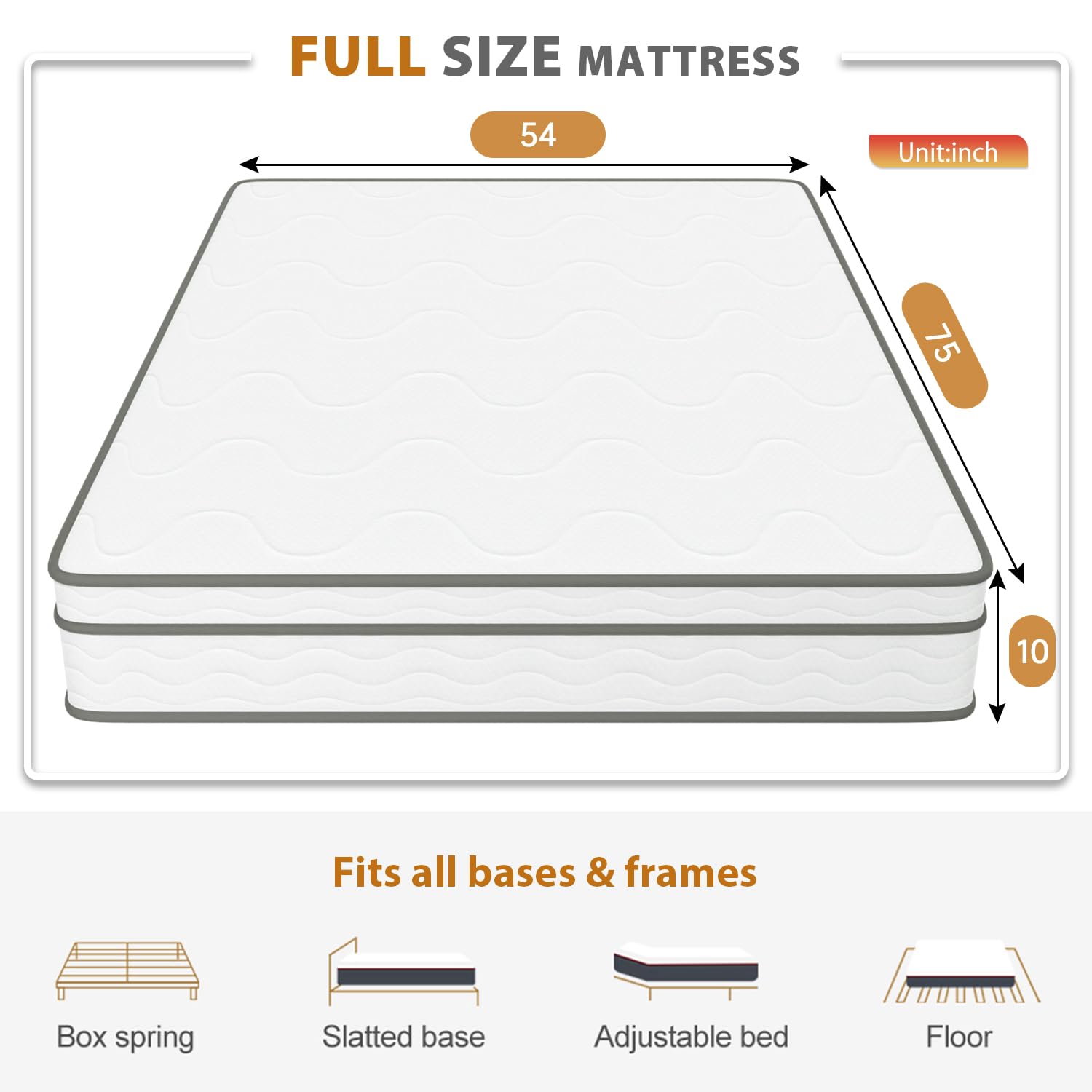 BLKMTY Mattress Full Size Mattress 10 Inch Mattress Innerspring Mattress with High Density Foam Mattress Bed-in-a-Box Twin Spring Mattress Pressure Relief for Adults, CertiPUR-US Certified