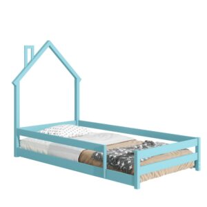 Floor Bed with Rails, Twin Size Montessori Bed with House Shape Headboard and Fence, Wood Floor Bed Frame for Kids Boys Girls, Box Spring Needed, Blue