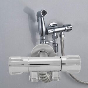 Double Switch Outlet Toilet Bidet Shower Faucet, Angle Stop Valve Copper Outlet Angle Valve G1/2 Thread 1 Inlet 2 Outlet, Double Handle Double Control Faucet for Sprayer Toilet