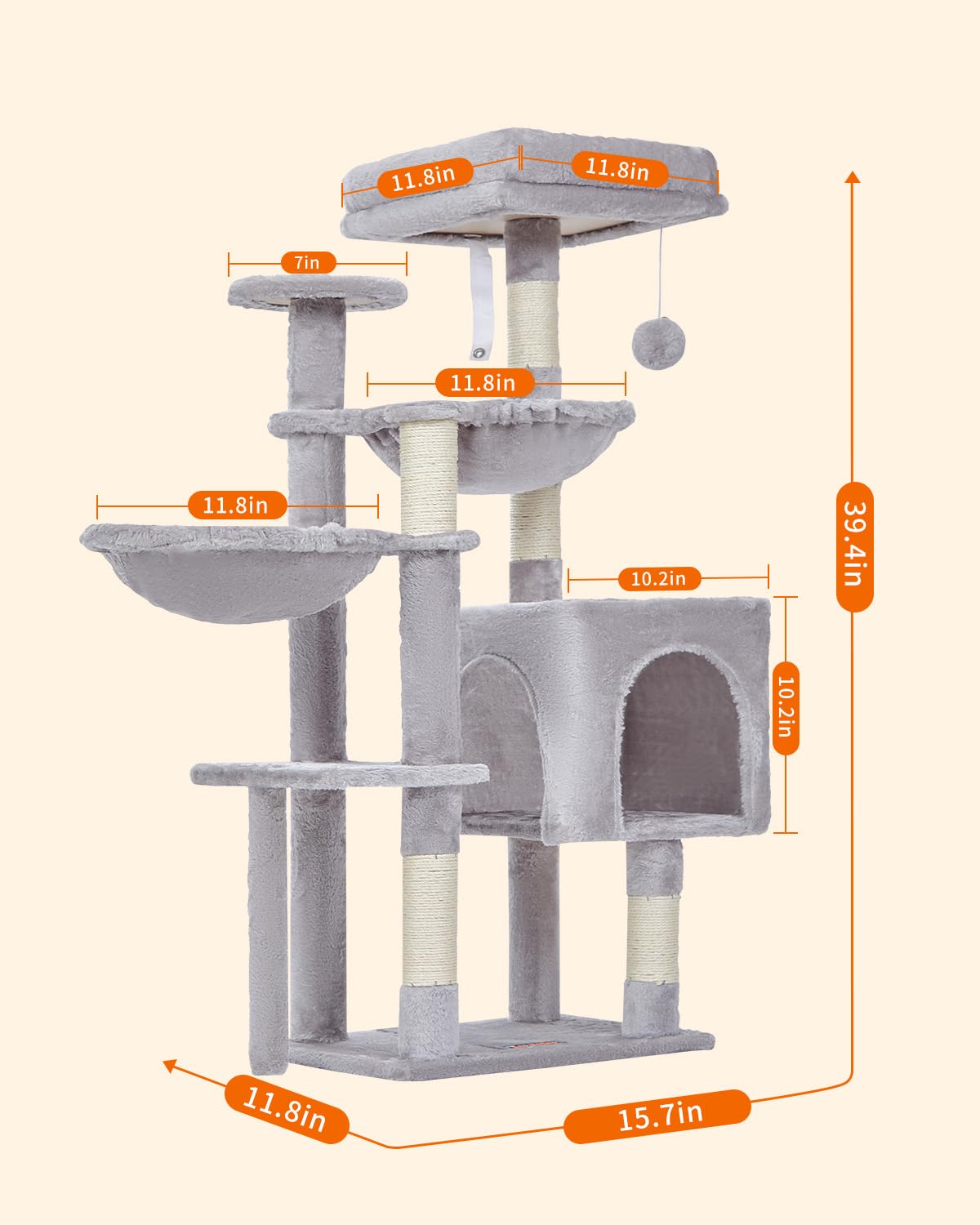 Taoqimiao Cat Tree, 39.4-Inch Cat Tower for Indoor Cats,Suitable for Kittens,Plush Cat Condo with 5 Scratching Posts, Plush Perch,2 Hammock,Pompoms, MS019W Light Gray