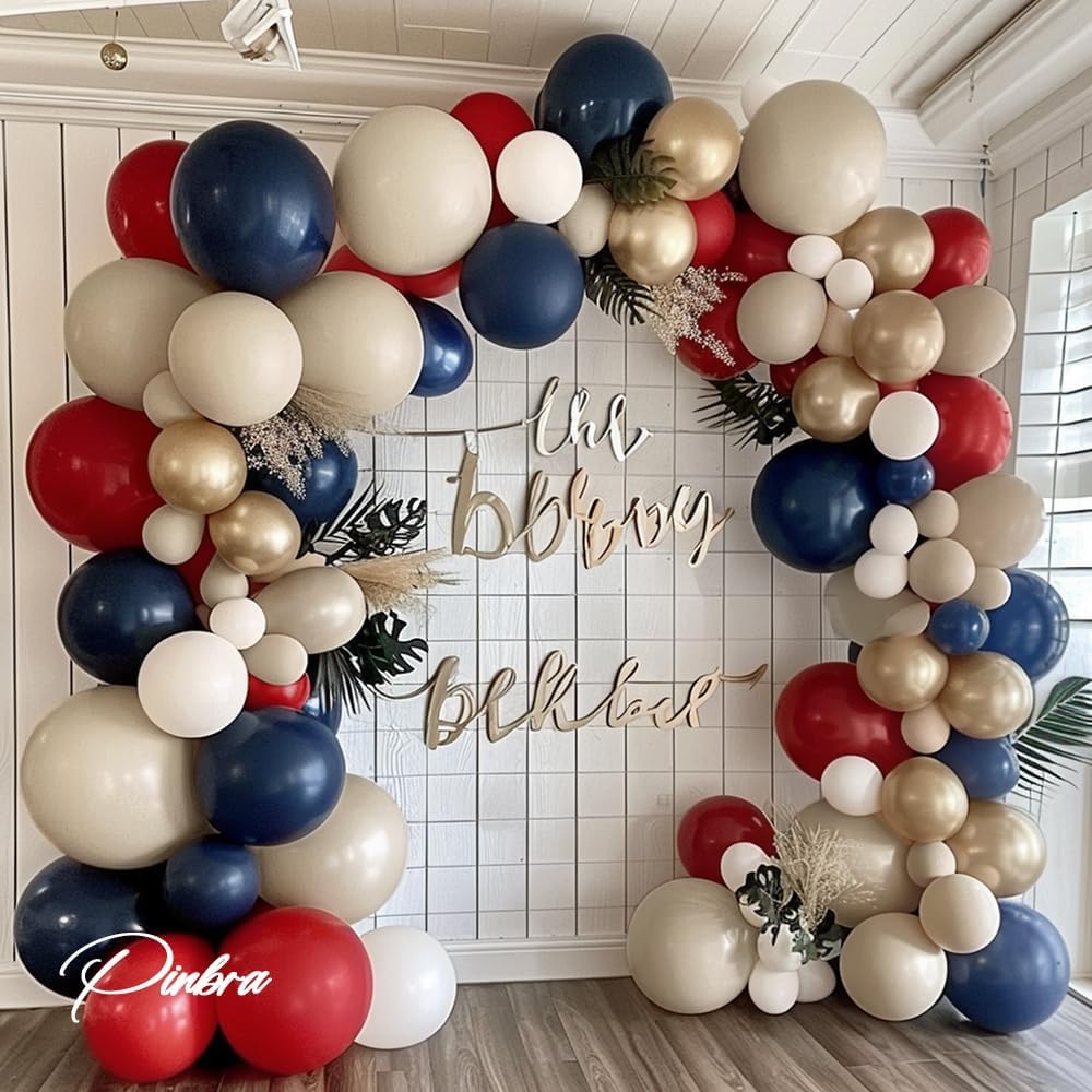 Navy Blue Red Balloon Garland - Double Stuffed Royal Blue Balloons Nude Cream White Sand Pastel Red Balloons Arch Kit For Birthday Baby Shower Gender Reveal Nautical Baseball Patriotic Decorations