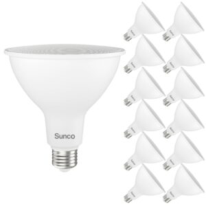 sunco 12 pack 1800 lumens outdoor led flood light waterproof par38 led bulb, dimmable, 15w=150w, 5000k daylight, e26 base, ul listed