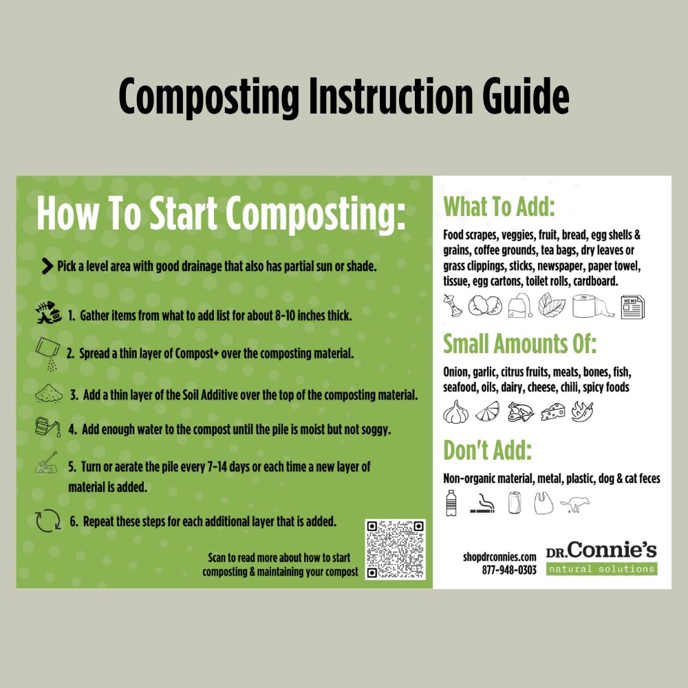 Dr. Connie's Compost+ Starter Kit | Natural Compost Starter & Accelerator | Includes Soil Additive & Composting Guide | All-Natural, Odor Control for Indoor & Outdoor Bins, Tumblers, and Piles