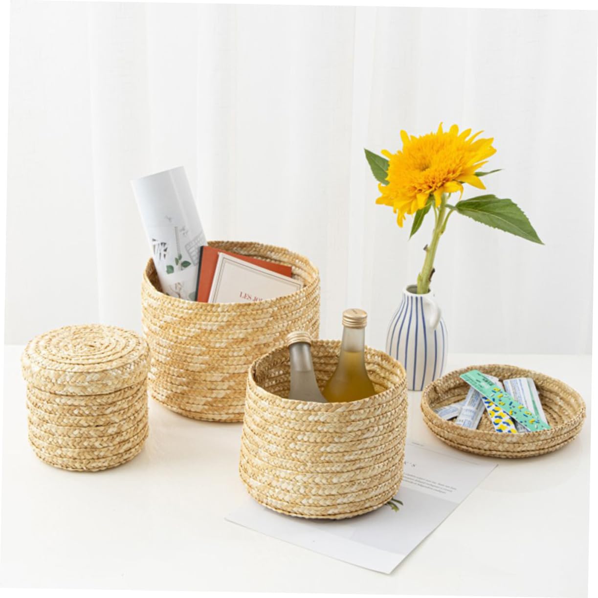 NOLITOY 1pc Straw Storage Basket Wicker Cub Baskets Wicker Serving Basket Hyacinth Basket Bin Woven Wheat- Straw Bin Egg Decorating Woven Tray Handwoven Round Basket Child Straw Box