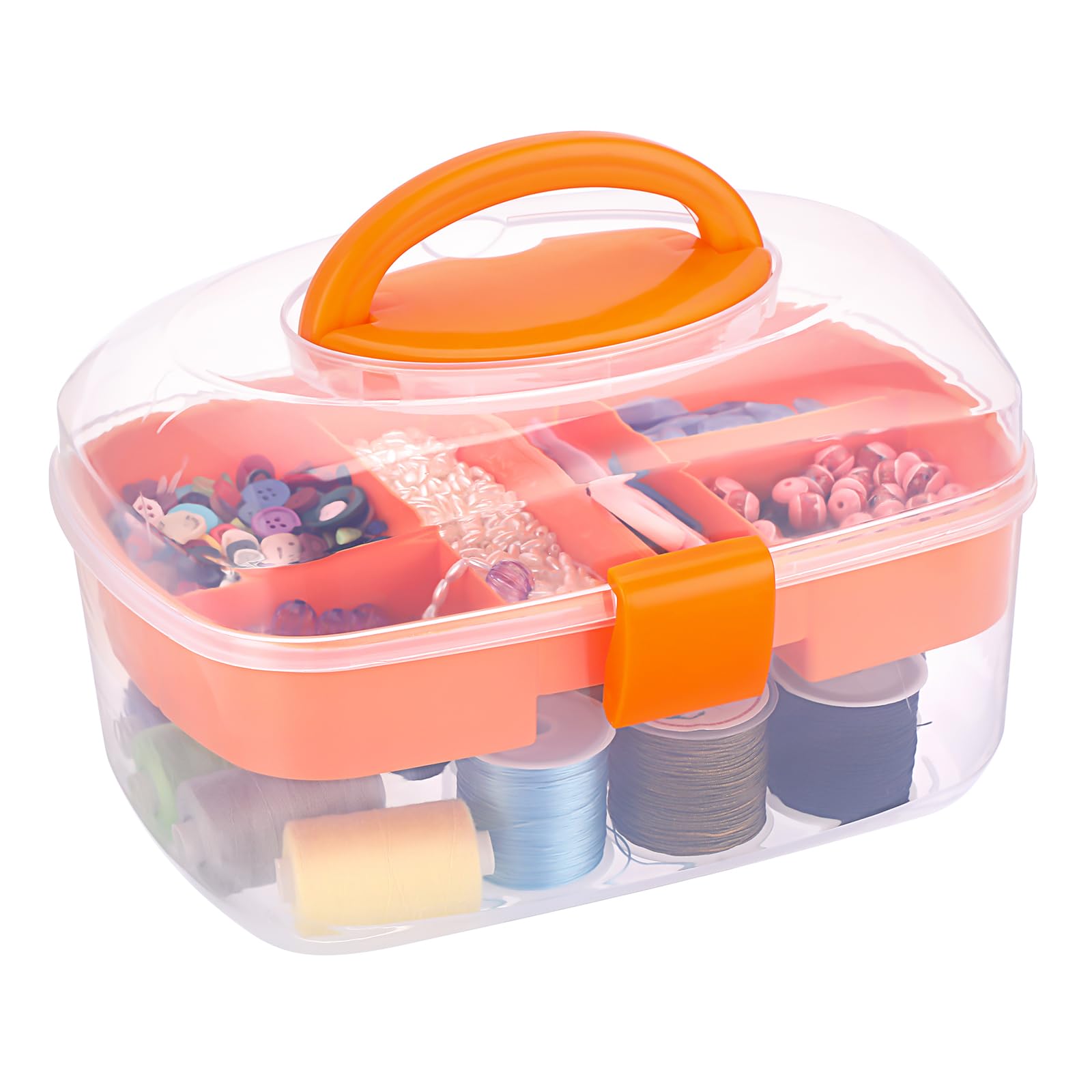 BTSKY 2 Tier Multipurpose Oval Storage Box with 2 Trays Clear Plastic Storage Container Case Craft Organizers and Storage Portable Sewing Box Office Supply Organizer, 11" Lx8.3 Wx6.7 H, Orange