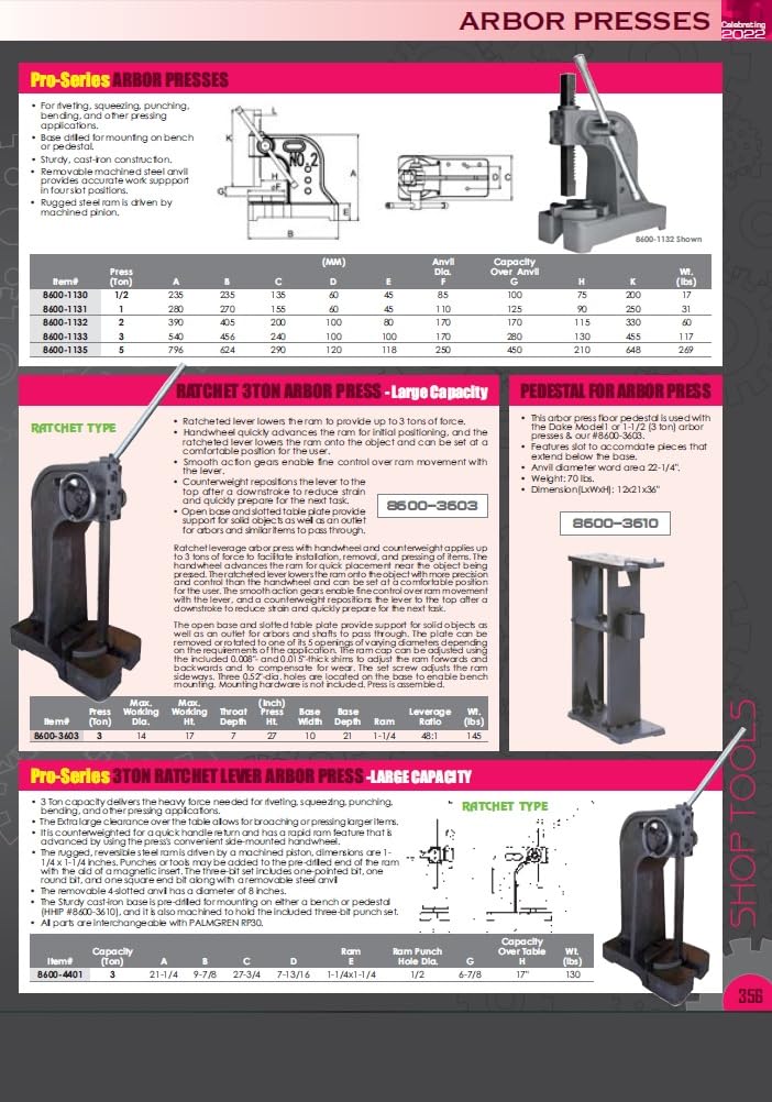 HHIP 8600-3055 3 Ton Ratchet Type Arbor Press with Mulit Gage