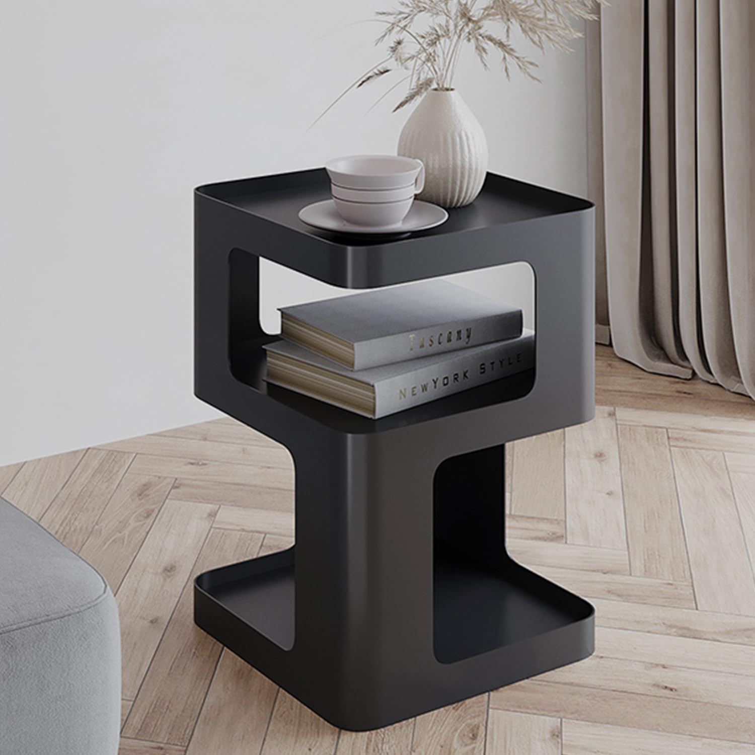 BUZUEY Side Table,Modern end Table,Black Metal nightstand,Bedside Tables,Accent Table with Storage for Living Room Bedroom entryway Couch,no Assembly Required,Unique Furniture.