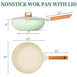 Nonstick Wok Pan with Lid, 12 Inch Non Stick Wok Stir Fry Pan with Ergonomic Handle and Unique Cover Beads, 100% APEO and PFOA Free Suit for Gas, Electric, Induction & Ceramic Stoves,Green