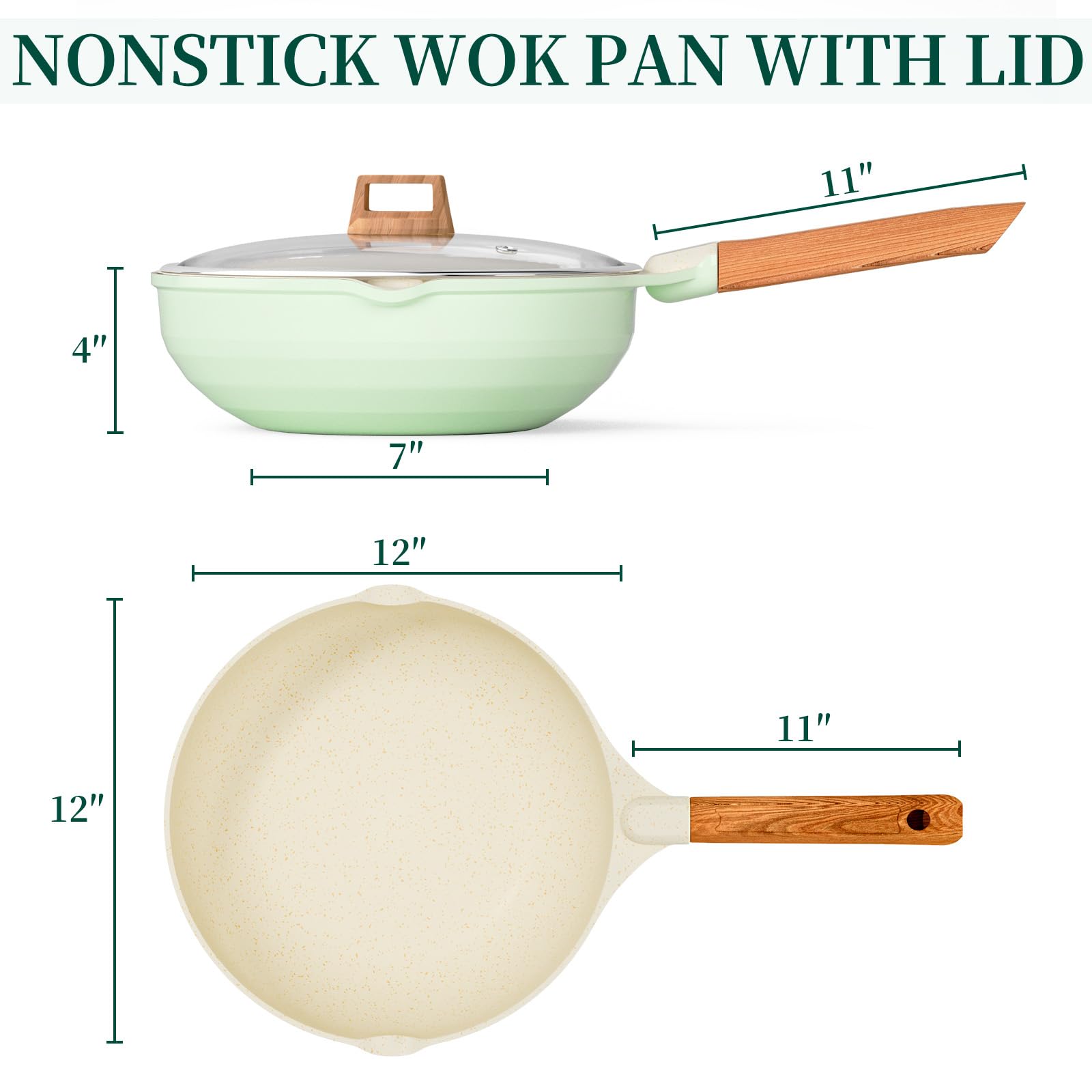 Nonstick Wok Pan with Lid, 12 Inch Non Stick Wok Stir Fry Pan with Ergonomic Handle and Unique Cover Beads, 100% APEO and PFOA Free Suit for Gas, Electric, Induction & Ceramic Stoves,Green