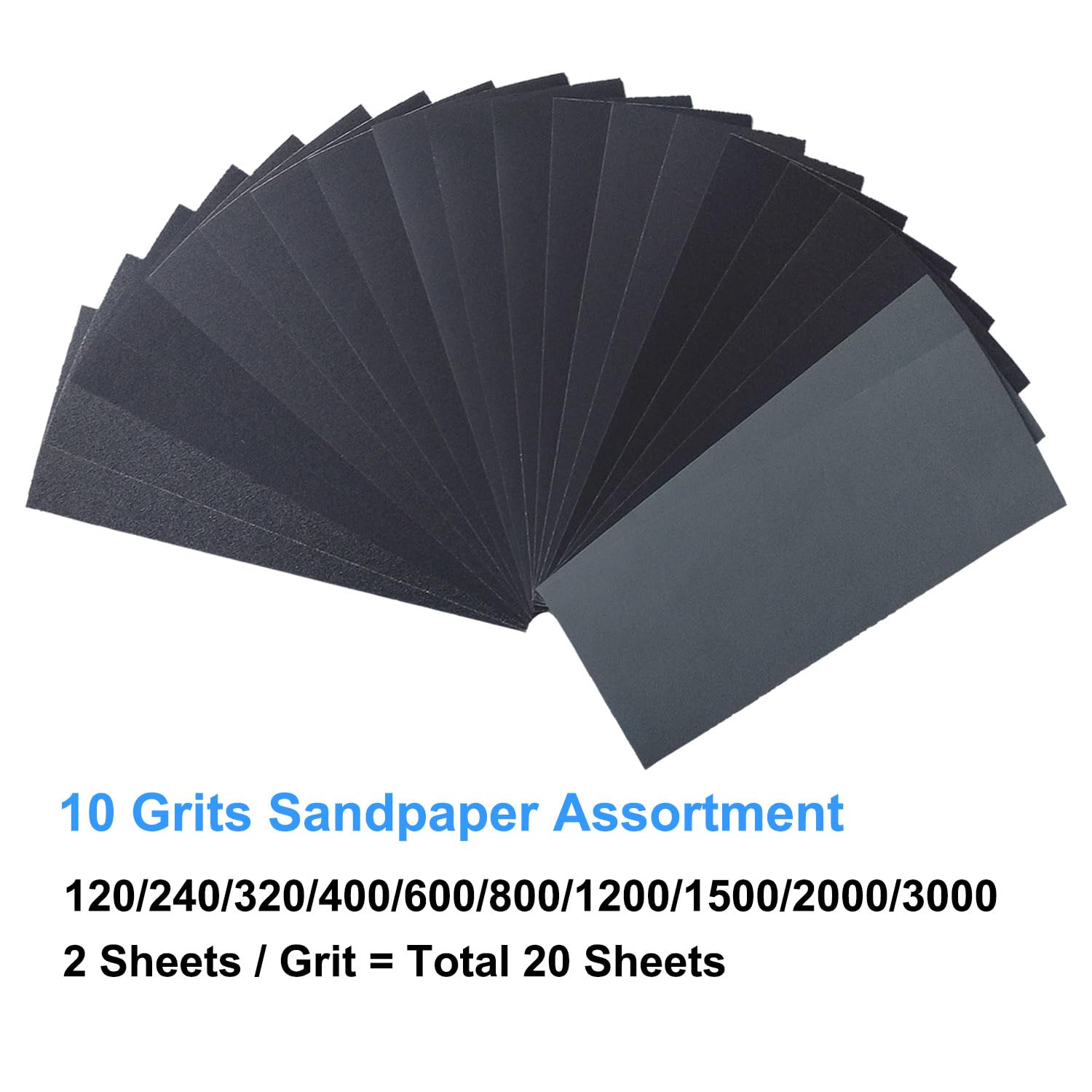 Sandpaper Variety Pack, 20PCS Sand Paper Assorted for Wood Metal Sanding, Wet Dry Sandpaper Sheets 120/240/320/400/600/800/1200/1500/2000/3000 Grits, 9 x 3.6 Inch