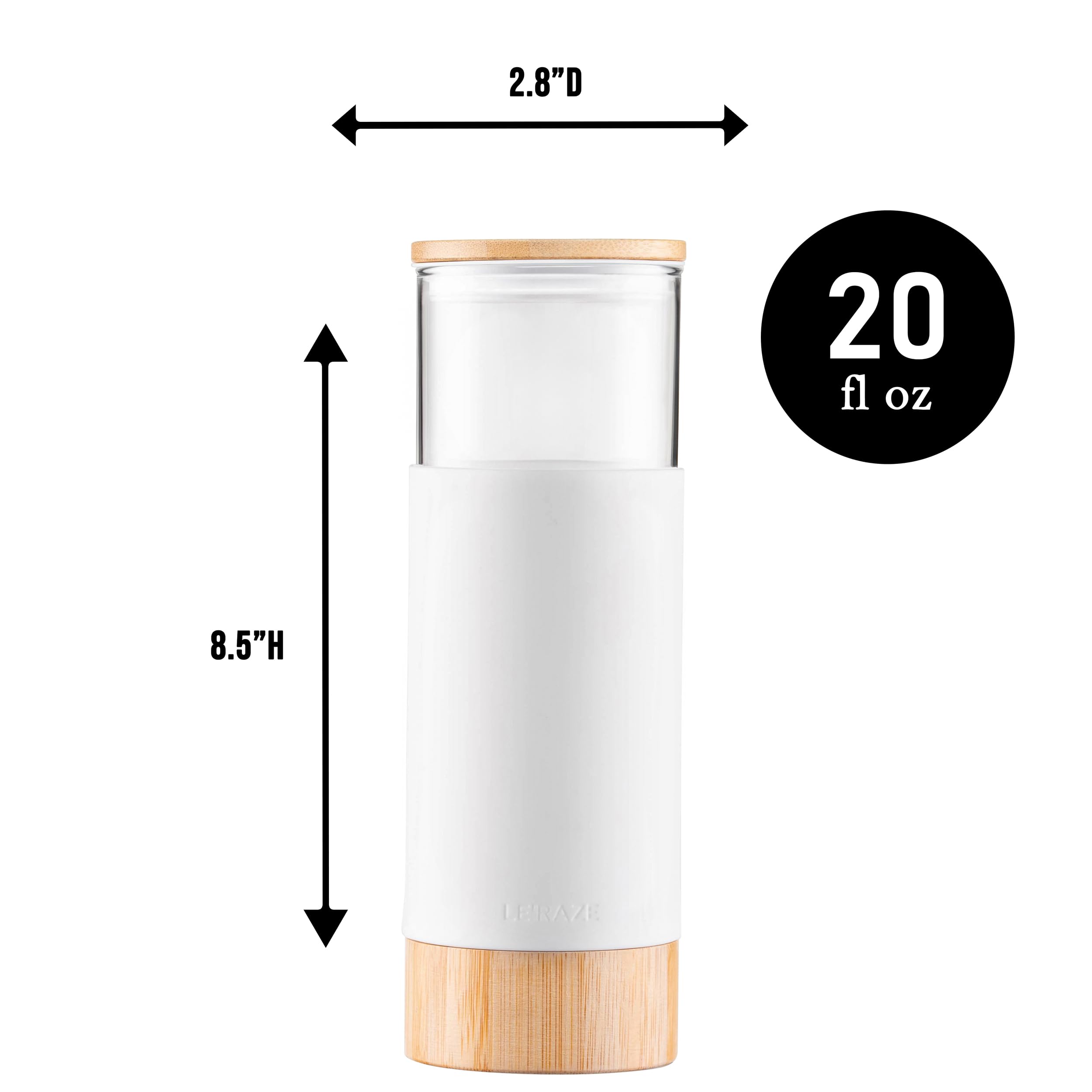 Premium 20oz Glass Tumbler Cup with Straw and Bamboo Lid & Base with Protective Silicone Sleeve - BPA Free - Growler Water Bottle Reusable Drinking Glasses Cup for Iced Tea, Coffee, Smoothie - White