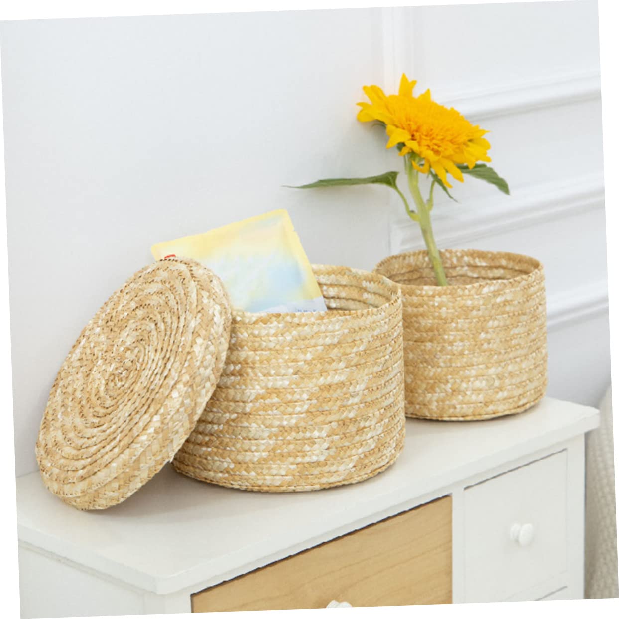 NOLITOY 1pc Straw Storage Basket Wicker Cub Baskets Wicker Serving Basket Hyacinth Basket Bin Woven Wheat- Straw Bin Egg Decorating Woven Tray Handwoven Round Basket Child Straw Box