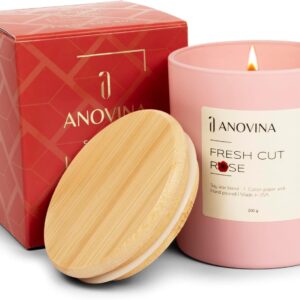 Anovina Soy Blend Rose Scented Candle with Gift Box. Non Toxic Candles for Home Rose Candle Gifts for Women, Glass Jar with Bamboo Lid. Smell The Freshly Cut Roses