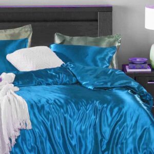 Dhruvi Bedding Ultra Soft Silk Satin Queen Size Turquoise Blue 4 Piece Duvet Cover Set (Duvet Cover + Fitted Sheet 15'' + 2 Pillow Cases) Luxury Satin Zipper Closure Soft Comforter Protector