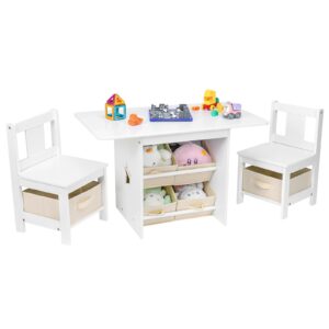 vilaxing kids table and chair set (2 chairs included), wooden toddler table and chairs set with 6 storage bins boxes, children's furniture, water resistant, easy to clean, gift for boy & girl, white