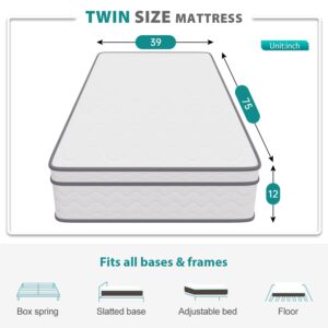 BLKMTY Mattress Twin Size Mattress 12 Inch Innerspring Mattress with Bamboo Charcoal Gel Memory Foam Mattress in a Box Twin Spring Mattress Pressure Relief for Adults CertiPUR-US Certified