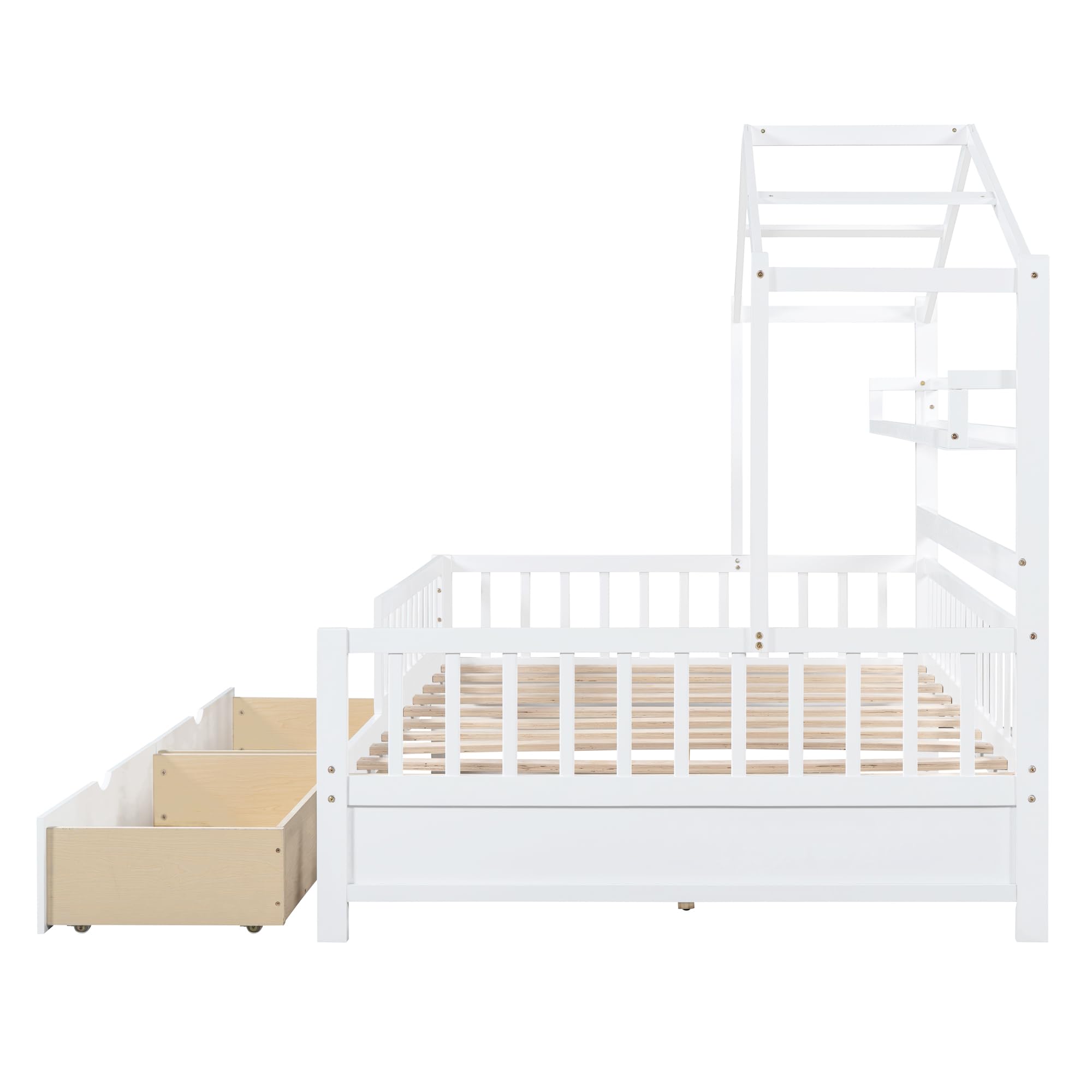 Merax Full Size House Bed with Drawers, Wooden Full Size Platform Bed Frame with Storage Shelf, No Box Spring Needed, White