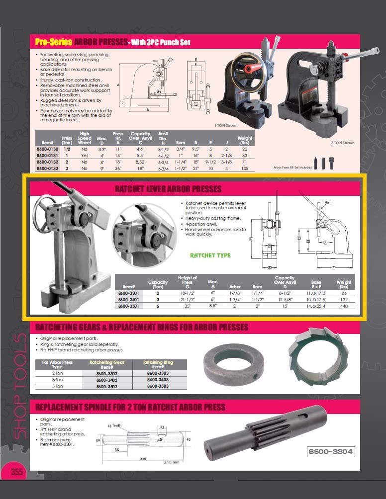 HHIP 8600-3055 3 Ton Ratchet Type Arbor Press with Mulit Gage