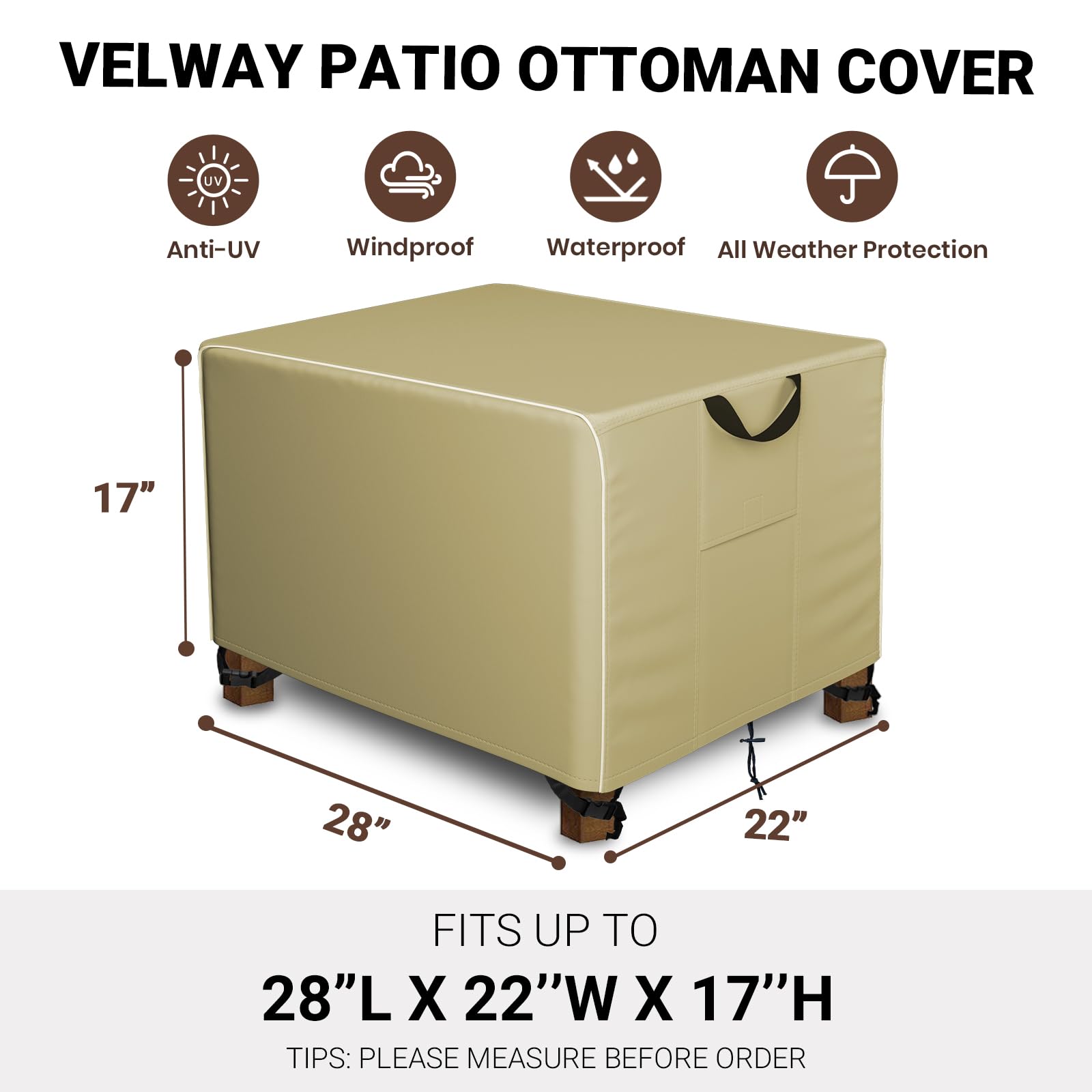 Velway Rectangle Patio Ottoman Cover - Waterproof Outdoor Furniture Cover for Side & End Table, Windproof Anti-UV Outdoor Ottoman Covers with Reflective Strips - 28" L x 22" W x 17" H, Camel