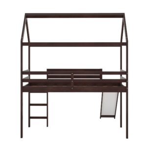 Harper & Bright Designs Twin Size Loft Bed with Slide, House Loft Bed with Slide, Solid Wood Bed Frame for Kids Girls & Boys, Espresso