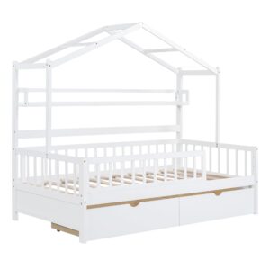 Merax Full Size House Bed with Drawers, Wooden Full Size Platform Bed Frame with Storage Shelf, No Box Spring Needed, White