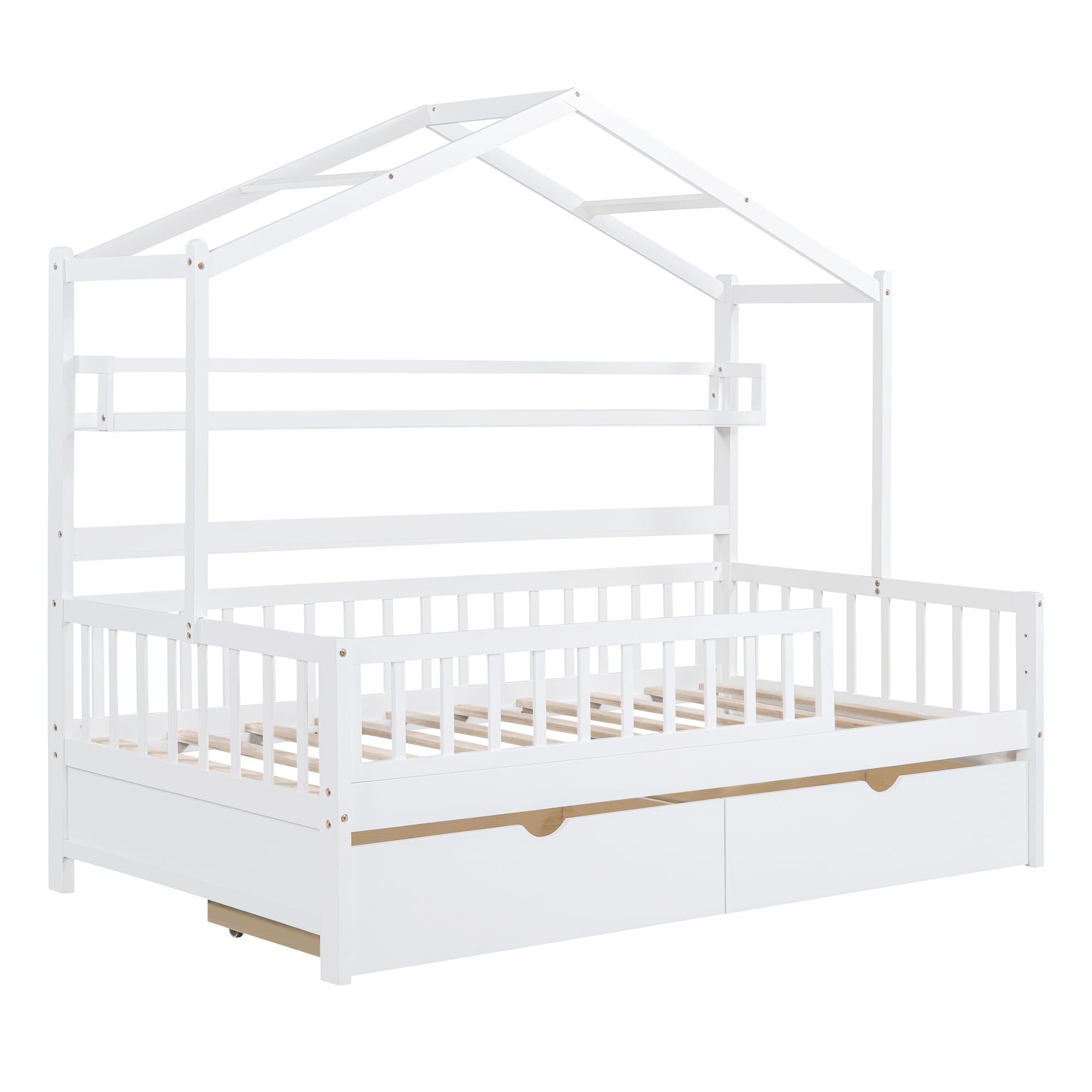 Merax Full Size House Bed with Drawers, Wooden Full Size Platform Bed Frame with Storage Shelf, No Box Spring Needed, White